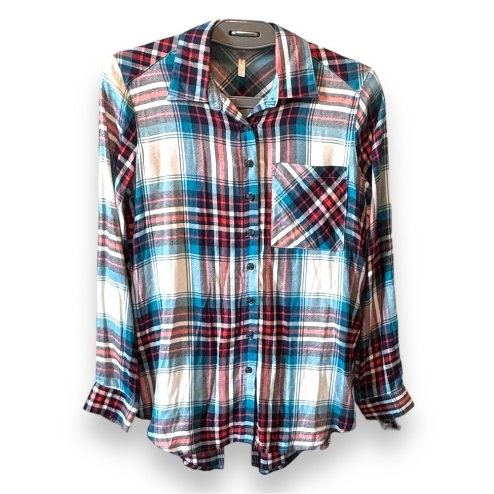 JW Style Size XS Turquoise & Red Plaid Silky Soft Long Sleeve Button Down Shirt